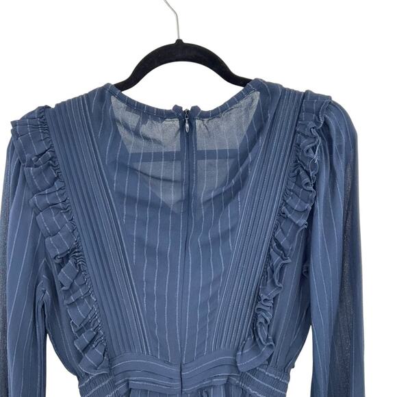 Maje Istra Ruffled Crepe Playsuit Romper Long‎ Sleeve Pinstripe Blue Size 34 XS - Picture 7 of 13